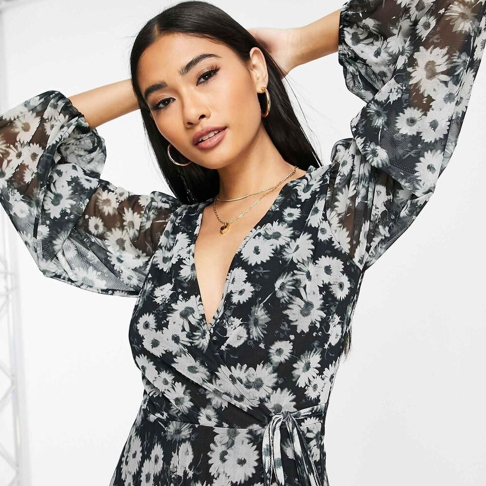 ASOS DESIGN pleated mini wrap dress in monochrome floral